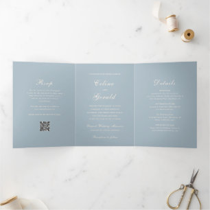 Classic Mute Blue QR Code Elegante Hochzeit Dreifach Gefaltete Einladung