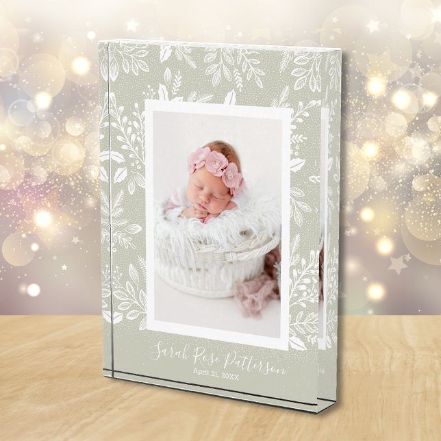 Classic Name Custom Fotoblock (White leaves and dots on sage green surround your favorite photo on an acrylic block)