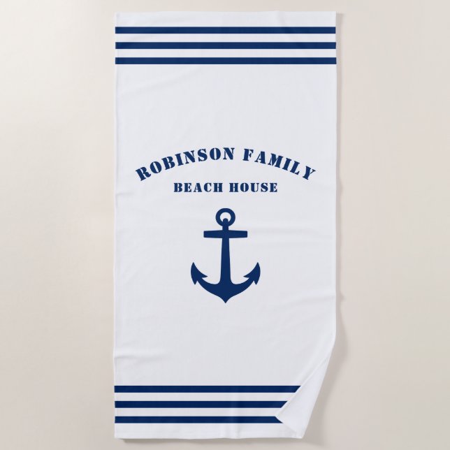 Classic Nautical Anchor Family Beach House Weiß Strandtuch (Vorderseite)
