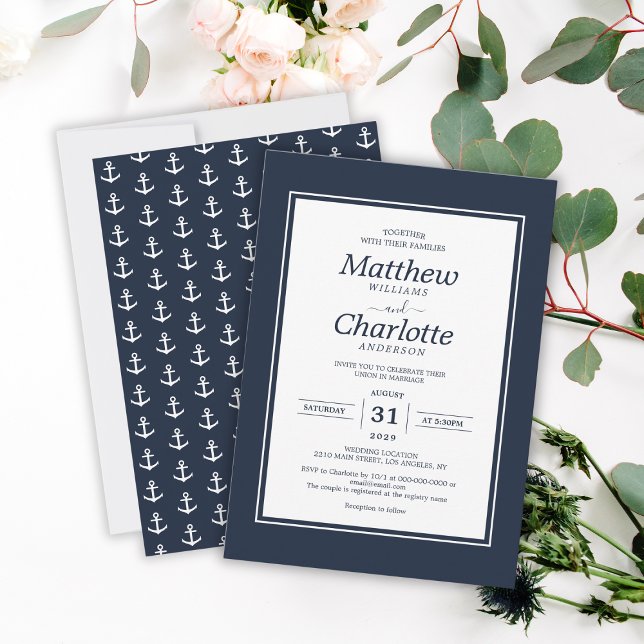Classic Nautical Anchor Navy Blue Wedding Einladung (Classic Nautical Anchor Navy Blue Wedding Invitation
)