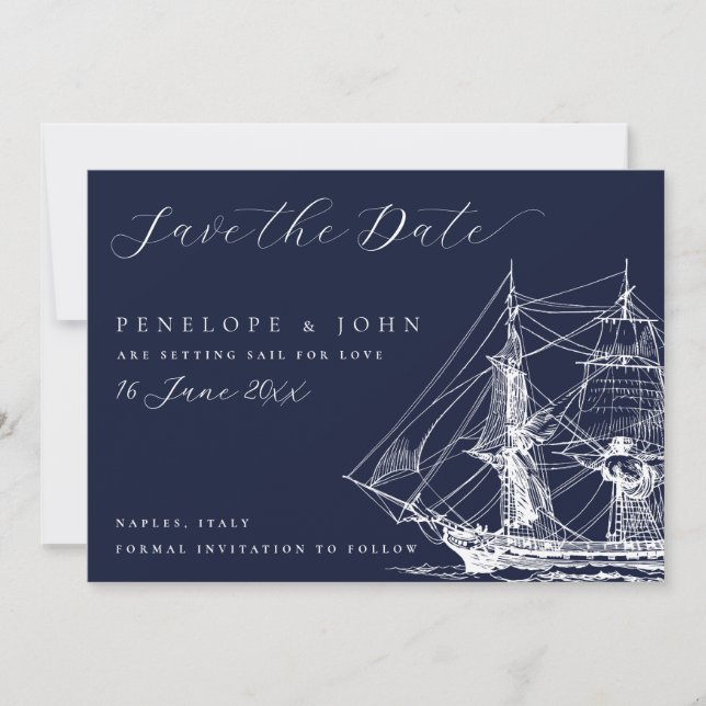 Classic Nautical Ship Navy Blue Wedding Save The Date (Vorderseite)