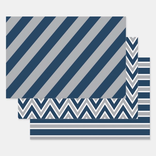 Classic Navy Blue and Gray Geometric Stripes Geschenkpapier Set (Set)