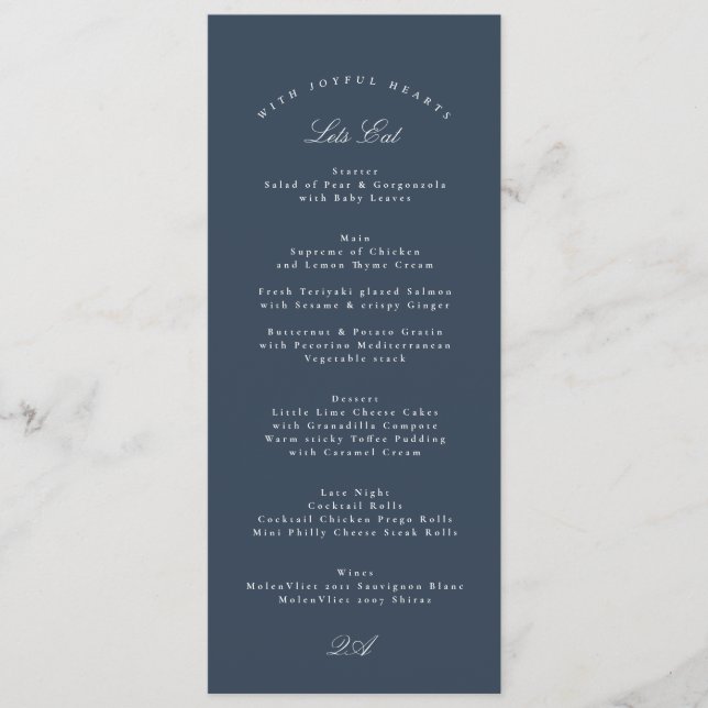 Classic Navy Blue Calligraphy Formal Wedding Menükarte (Vorderseite)