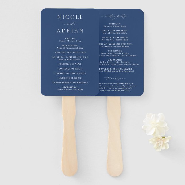 Classic Navy Blue Elegant Wedding Program Fächer (Vorne und Hinten)