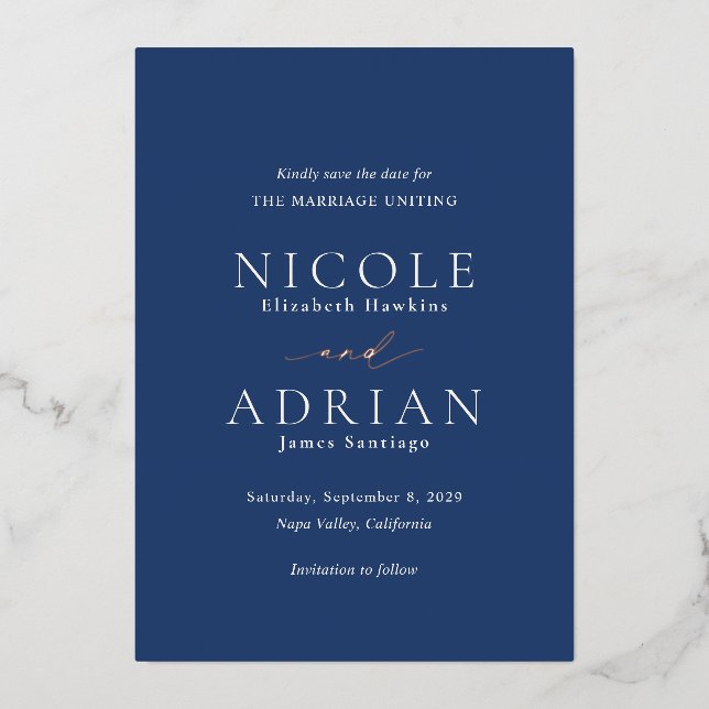 Classic Navy Blue Elegante Hochzeit Save the Date Folieneinladung (Vorderseite)