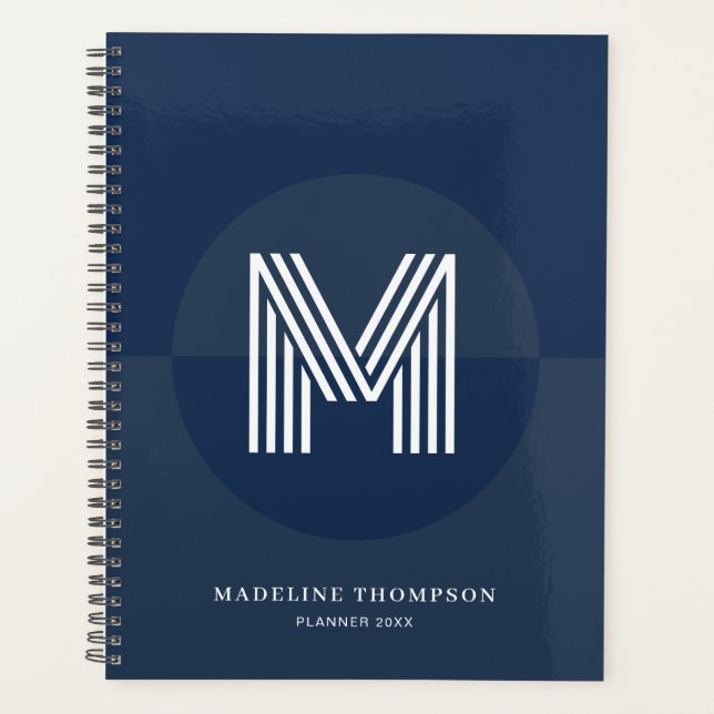 Classic Navy Blue Geometric Modern Monogram Planer (Vorderseite)