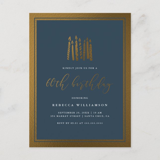 Classic Navy Blue & Gold Candles 60. Geburtstag Einladungspostkarte (Vorderseite)
