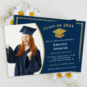 Classic Navy Blue Gold Foto Abschluss Einladung