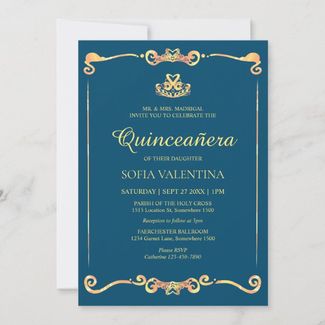 Classic Navy Blue Gold Quinceanera Einladung (Vorderseite)