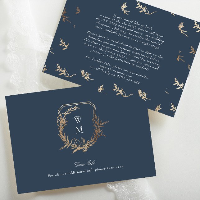 Classic Navy Blue Gold Wappen Hochzeitsdetails Begleitkarte (Von Creator hochgeladen)