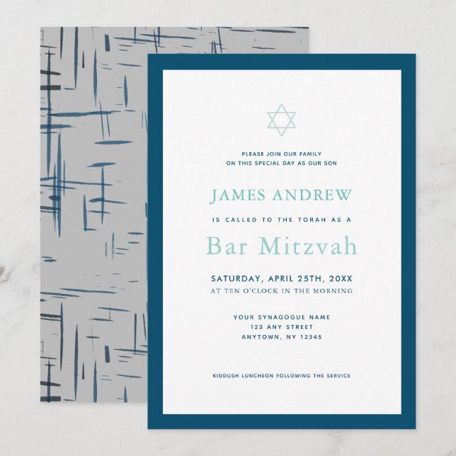 Classic Navy Blue & Gray Bar Mitzvah Einladung (Vorne/Hinten)