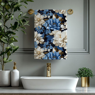 Classic Navy Blue Ivory Gold Floral Towel Badhandtuch Set