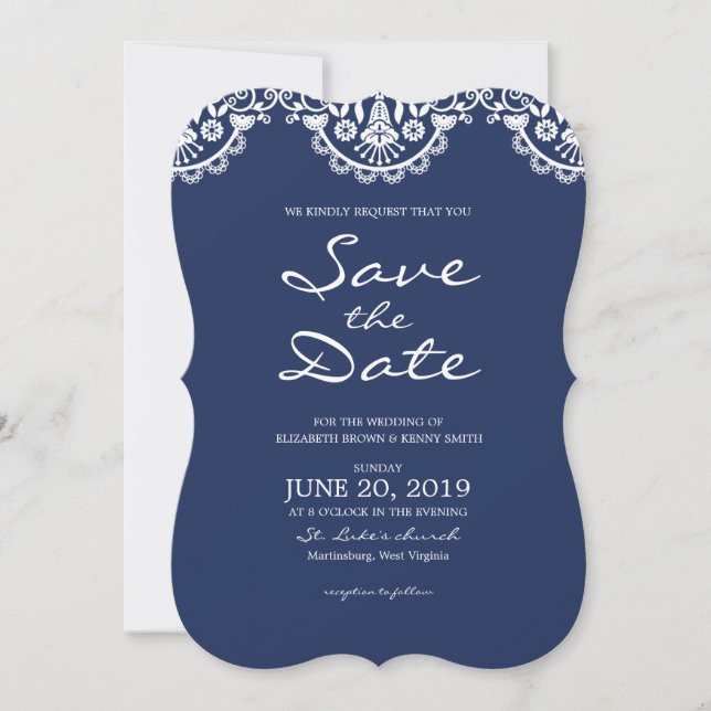 Classic Navy Blue Lace Save the Date Card (Vorderseite)
