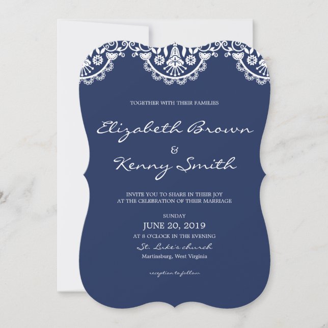 Classic Navy Blue Lace Wedding Einladungskarte (Vorderseite)