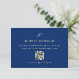 Classic Navy Blue Monogram QR Code Elegant Wedding RSVP Karte