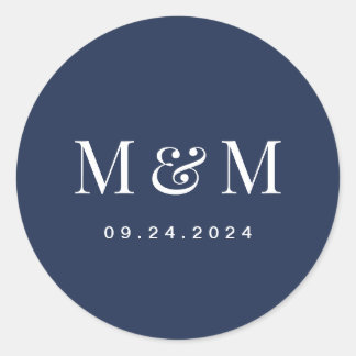 Classic Navy Blue Monogram Typography Wedding Runder Aufkleber