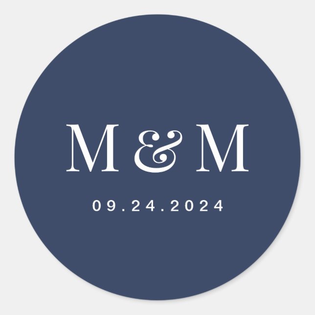Classic Navy Blue Monogram Typography Wedding Runder Aufkleber (Vorderseite)
