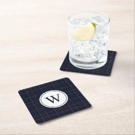 Classic Navy Blue Plaid Christmas Monogram Rechteckiger Pappuntersetzer