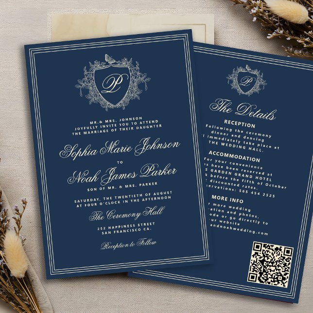 Classic navy blue QR code formal monogram wedding  Einladung (Von Creator hochgeladen)
