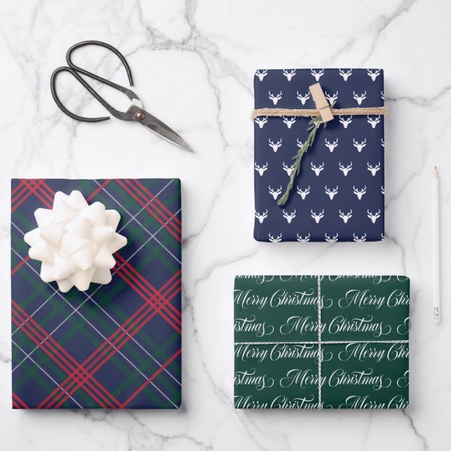 Classic Navy Blue Tartan Kariert Frohe Weihnachten Geschenkpapier Set (Vorderseite)