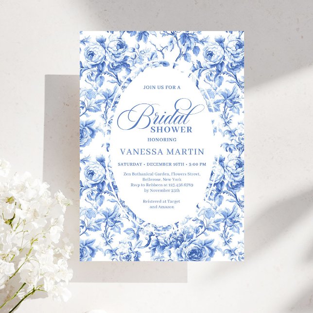 Classic Navy Blue Toile Rose Bridal Shower Invite Einladung (Classic Navy Blue Toile Rose Bridal Shower Invitation)