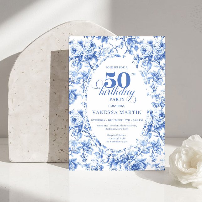 Classic Navy Blue Toile Roses 50th Birthday Invite Einladung (Classic Navy Blue Toile Rose 50th Birthday Invitation)