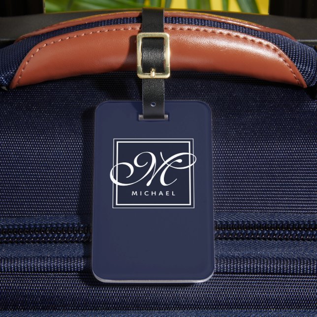 Classic Navy Blue und White Script Monogram Gepäckanhänger (Vorderseite Insitu 2)