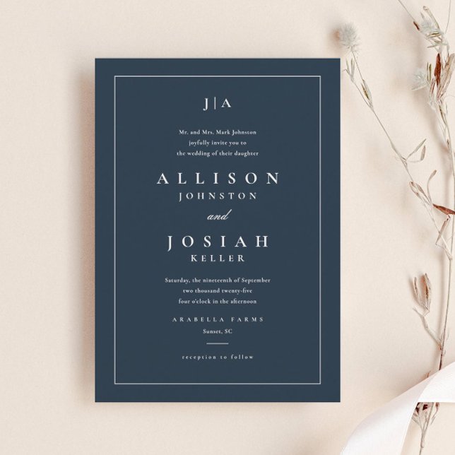 Classic Navy Blue Wedding Einladung (Elegant navy blue wedding invitation with classic monogram and typography, and simple frame.)