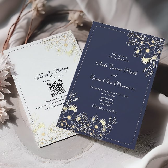 Classic Navy Blue Wedding Einladung mit QR Code (Von Creator hochgeladen)