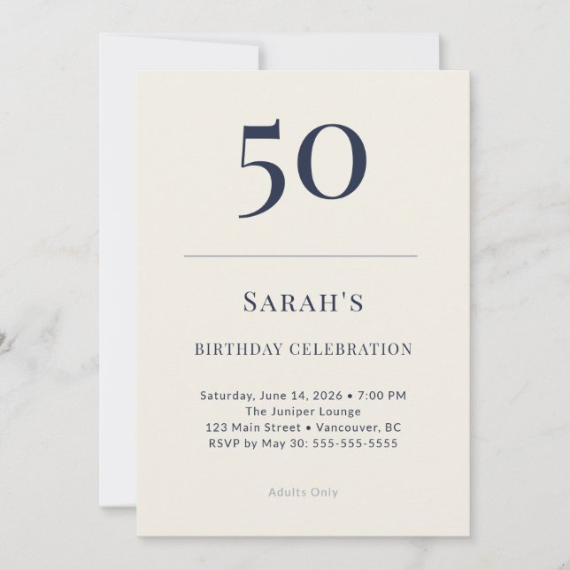 Classic Navy & Cream 50th Birthday Celebration Einladung (Vorderseite)
