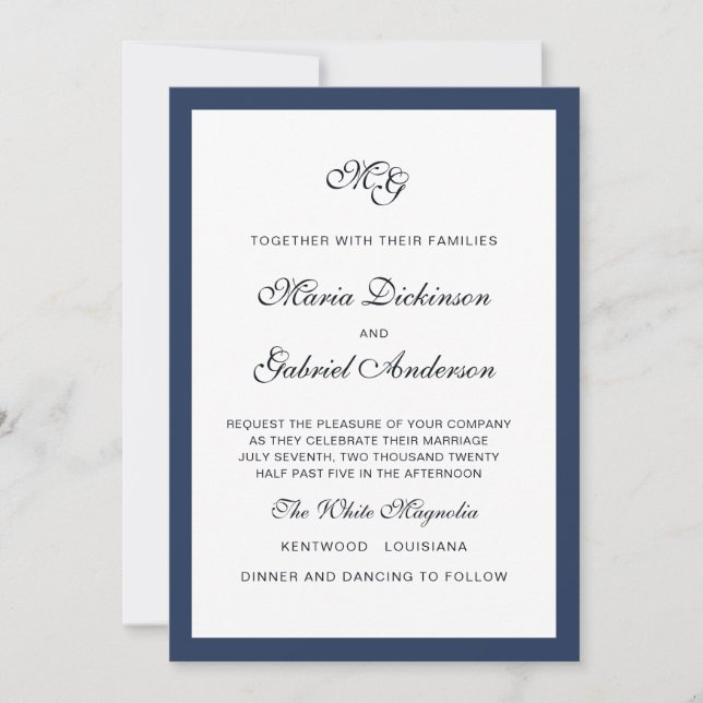 Classic Navy Frame Elegante Hochzeit Einladung (Vorderseite)