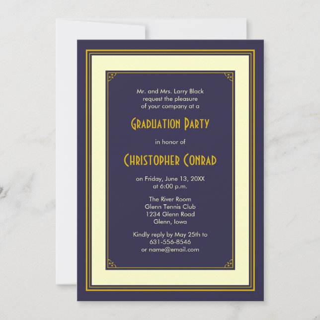 Classic Navy Gold Boys Mens Graduation Invitation (Devant)