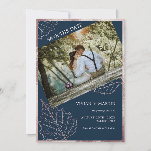 Classic Navy Matt Rose Gold Blätter Hochzeit Save The Date (Vorderseite)