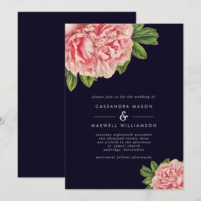 Classic Navy & Pink Peony Wedding Einladung (Vorne/Hinten)