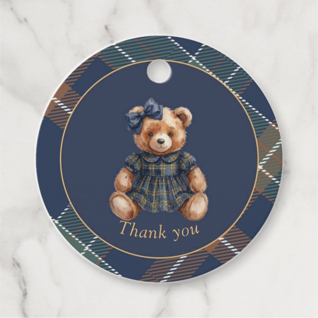 Classic Navy Plaid Teddy Bear Girl Birthday  Geschenkanhänger (Vorderseite)