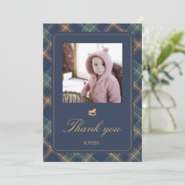 Classic Navy Plaid Teddy Bear Girl Birthday Photo  Dankeskarte