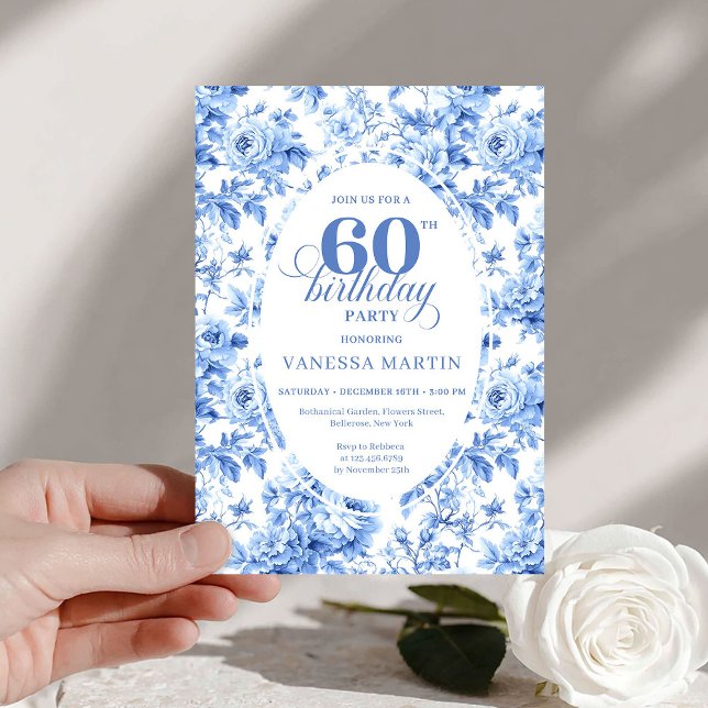 Classic Navy Toile Roses 60th Birthday Invite  Einladung (Classic Navy Toile Roses 60th Birthday Invite Print

)