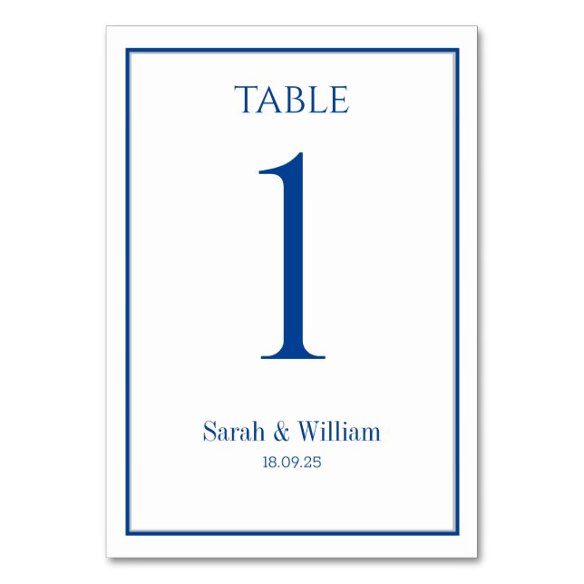 Classic Navy & White Wedding Tischnummer Card (Vorderseite)