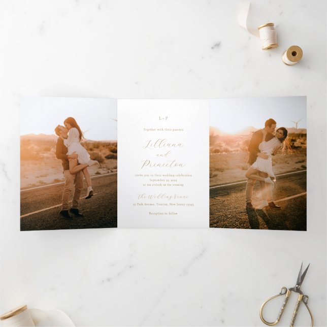 Classic Neutral Monogram Elegant Wedding Dreifach Gefaltete Einladung (Innenseite)