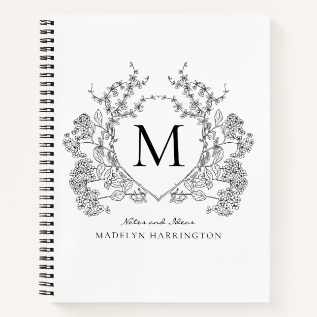 Classic noir blanc floral Crest Monogramme Journal (Devant)