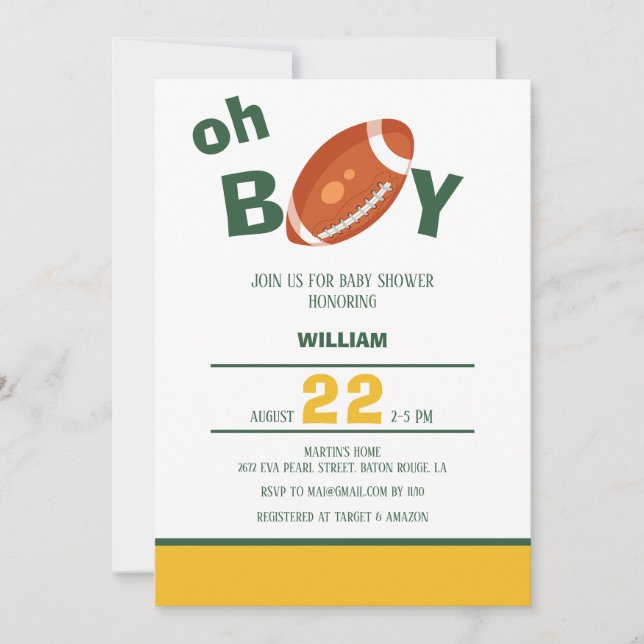 Classic Oh Boy Retro Football Baby Dusche Einladung (Vorderseite)