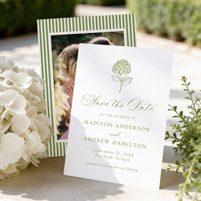 Classic Olive Green Hydrangea Photo Wedding Save The Date (Von Creator hochgeladen)