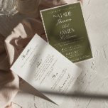 Classic Olive Green Old Money All In One Wedding Einladung<br><div class="desc">This wedding invitation is perfect for your wedding if you are looking for an elegant unique and easy editable all in one wedding invitation .An elegant unique luxurious olive green and white double sided wedding template invitation. as you see it features olive green old money background on the front and...</div>