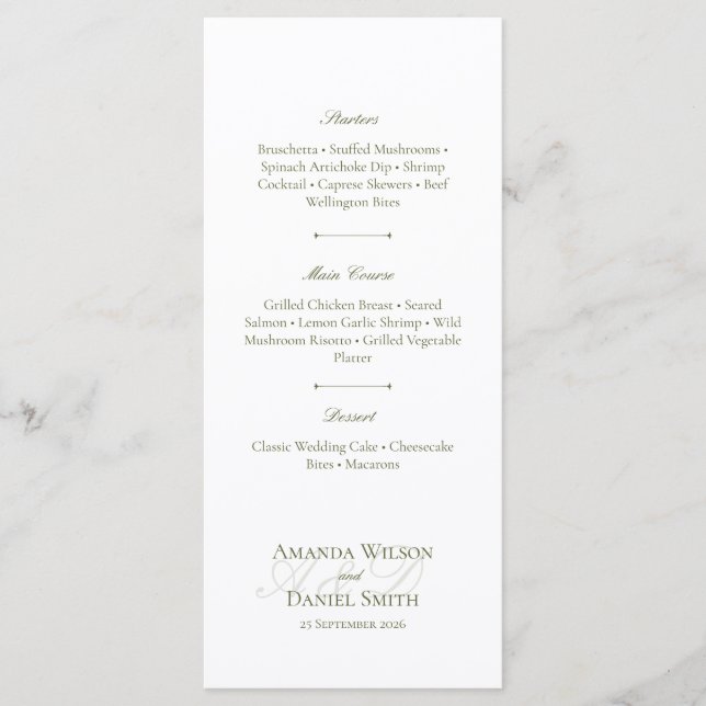 Classic Olive Wedding Menu (Devant)
