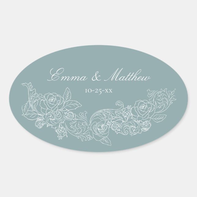 Classic Ornament Dusty Blue Wedding Logo Ovaler Aufkleber (Vorderseite)