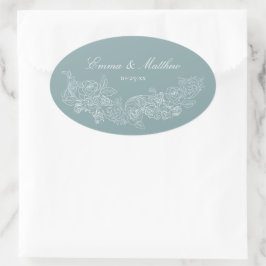 Classic Ornament Dusty Blue Wedding Logo Ovaler Aufkleber
