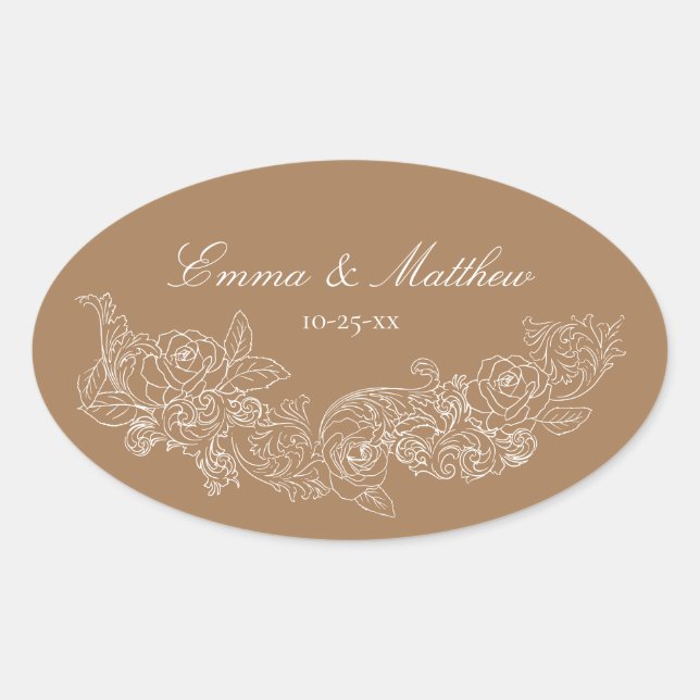 Classic Ornament Golden Brown Wedding Logo Ovaler Aufkleber (Vorderseite)