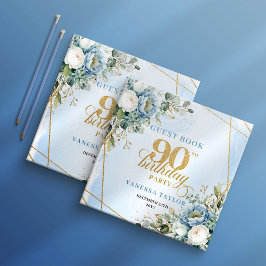 Classic Pale Blue Gold 90th Birthday Party Sign In Gästebuch