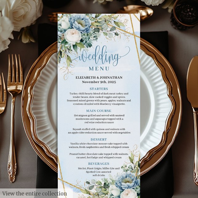 Classic Pastel Blue Peonies Gold Glitzer Dinner Menükarte (Classic Pastel Blue Peonies Gold Glitter Dinner Menu

)