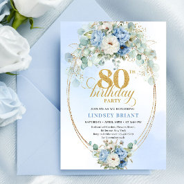 Classic Pastel Blue Peony Greenery 80th Birthday Einladung